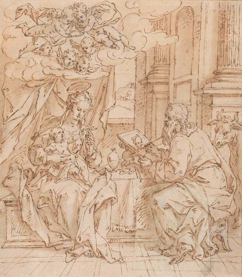 MONOGRAMMIST HDC (16th century) St. Luke painting the Madonna Brown pen, brown wash. Monogrammed on lower right: HDC. 28.8 x 25.3 cm. In baroque frame.