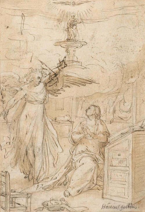 DUTCH, 17TH CENTURY The Annunciation of Mary. Brown pen, brown wash. Old inscription on lower right in black pen: Henricus Goltius. 17 x 11.7 cm. Framed. Provenance: - Gallery Kurt Meissner, Zurich - Private collection Switzerland