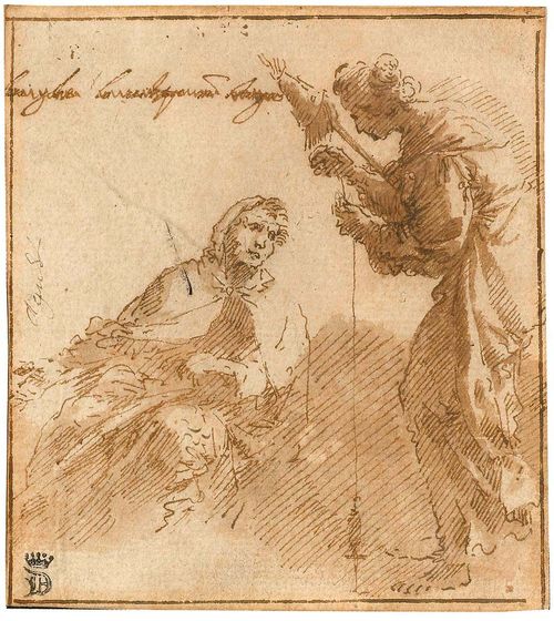 DUTCH, 17TH CENTURY Two women spinning wool. Brown pen and brush. Framing line in brown pen. Old inscription (unidentified) in brown pen on upper left. Old inscription (unidentified) on left margin. 12.8 x 10.5 cm. Framed. Provenance: - Collection Earl of Dalhousie, Lugt 717a.