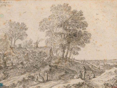 MOLIJN, PIETER DE (London 1595 - 1661 Haarlem) Landscape with farmstead and reclining figures, 1654. Black chalk. Signed and dated on upper left: Molyn 1654. On laid paper with watermark: fool's cap (trimmed). Comp. Beck, p. 216, 1-3. Verso: old inscription in grey pen: Pierre Molyn. 14.3 x 19.2 cm. Framed. Provenance: - Collection A.P.E. Gasc (19th century), Lugt 1131 - Collection Gigon J..., not in Lugt - Collection L. Deglatigny (1854 - 1936, Rouen, Lugt 1768 - unidentified collector's stamp: W or M in circle, green, recto, not in Lugt.