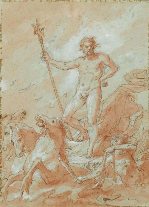 ANGIOLINI, NAPOLEONE (1797 Bologna 1871).Poseidon on his chariot. Brown pen, black crayon, red brush, heightened with white. Signed on lower margin in brown pen: Napoleone Angiolini. 32.2 x 22.8 cm. Framed.