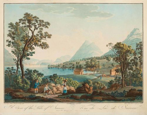 CANTON OBWALDEN.-Johann Heinrich Troll (1756 - 1824). A view of the lake of Sarnen. Vue du lac de Sarnen. Aquatinta in orig. col. 38 x 52.5 cm. Beautiful print in fresh colour. Min. paper loss in margins. Overall in good condition. Rare.