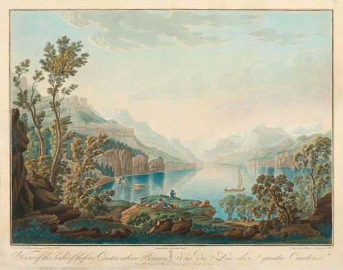 LAKE LUCERNE.-Johann Heinrich Troll (1756-1824). A view of the Lake of the four Cantons above Brunnen. Vue du lac de quatre Cantons. Aquatinta in orig. col. 38.5 x 53 cm. Depiction in vibrant colour, margins slightly dust soiled in places. In good condition overall. Rare.
