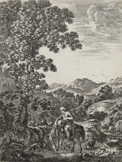 BELLA, STEFANO DELLA (1610 Florence 1664). Landscape with mounted herdsman. Etching, 24.4 x 18.9 cm. De Vesme 784. Excellent, vibrant print with small margin around clearly visible plate edge.