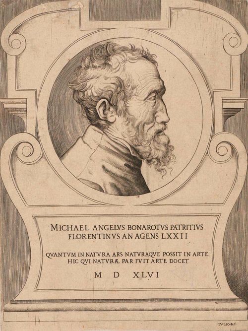 BONASONE, GIULIO DI ANTONIO (Bologna ca. 1498 - 1574 Rome) Picture of Michelangelo Buonarotti, 1546. "Michael Angelus Bonarotus Patritius Florentinus An Angens LXXII". Copperplate on laid paper with watermark: crab in circle. Bartsch 345; Massari 85 a II (of III) Trimmed up to, and sometimes just inside the depiction. Some smaller blemishes in upper margin with old backing. Upper left corner replaced. Very rare. 23 x 17.5 cm. Provenance: - Collection D. Wibiral, Weimar, Lugt 799a - Unknown Collection, not in Lugt
