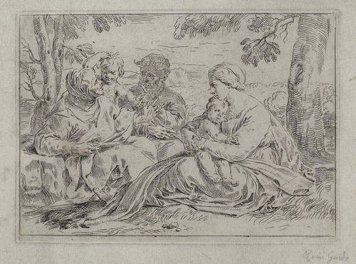 CANTARINI, SIMONE (Pesaro 1612 - 1648 Verona). The Holy Family with St. Elizabeth and  St. John the Baptist. Etching. Old inscription in pencil recto and verso: Rene Guido. 13.7 x 18.7. Bartsch 9. Later print with margin around plate edge. Excellent condition. Rare.