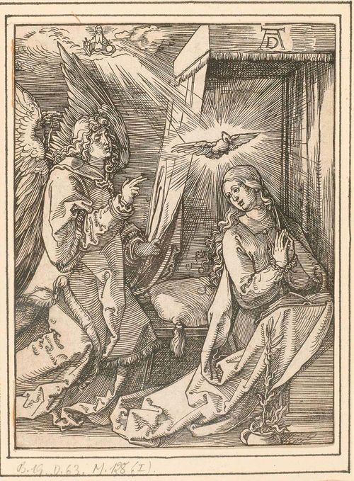 DÜRER, ALBRECHT (1471 Nuremberg 1528). The Annunciation, ca. 1510. From: Small Woodcut Passion. Woodcut on laid paper without watermark. 12.8 x 9.8 cm. Framed. Bartsch 19, Meder 128 I, vor dem Text (tadellos rein), Schoch/Mende/Scherbaum 189. Excellent, clear and deep black print without the lacunae of later states. Trimmed up to the clearly visible framing line. Beautiful condition. Provenance: - Collection Barth, Nuremberg (see attached appraisal by Kunsthalle Basel, 1949)
