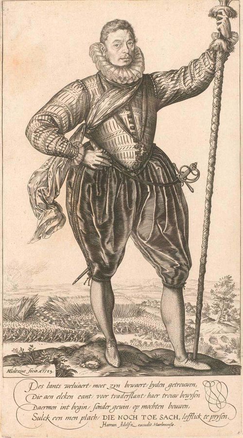 GOLTZIUS, HENDRIK (Mulbrecht 1558 - 1616 Haarlem). Standing halberd carrier, 1583. Copperplate, 23.2 x 14.7 cm. Framed. Strauss 166, Bartsch 215, Hirschmann 248 II (of III). Vibrant print. Slim margin around the clearly visible plate edge on three sides, the left side partially trimmed at the plate edge. Good condition overall. Rare.