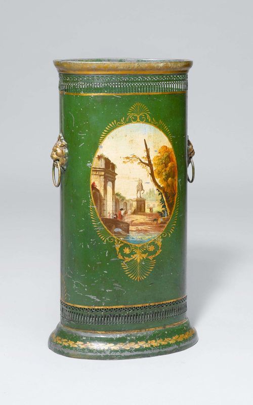 UMBRELLA STAND "EN TOLE PEINTE",Restoration, France, 19th century. Iron sheet, partly gilt and painted green. The back with an allegory of Music, the front with a medallion depicting a ruin and a group of figures. On the side: lion heads with carrying handles. H 67 cm. Provenance: from the estate of M. Iseli-Moser, Suisse romande.