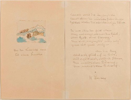 - Hesse, Hermann. Autograph 3 part poem with signature and watercoloured pen drawing of a small landscape, autograph inscription: Bei der Nachricht vom Tod eines Freundes". 2 ll. Each ca. 23.5 x 15.3 cm. In genuine white gold frame.