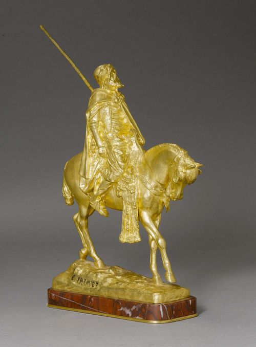 EMMANUEL FRÉMIET (1824-1910). Bronze gilt. Bedouin on a horse. Foundry mark: F.BARBEDIENNE. FONDEUR. Signed. On a red marble base. H 40 cm.