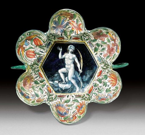 SMALL BOWL WITH HANDLES, late Renaissance, probably by J. LAUDIN (Jacques II Laudin, circa 1663-1729), Limoges, 1st half of the 17th century. Enamel, finely painted on all sides with colorful flowers and leaves, mythological figure in the center, and bird and branch work verso. D 13 cm.