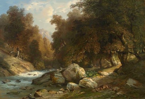 DUNANT, JACQUES (1825 Geneva 1870) Forest landscape with a fox at the waterside, 1849. Oil on canvas. Signed and dated lower right: J. Dunant. 1849. 69.5 x 93.5 cm.