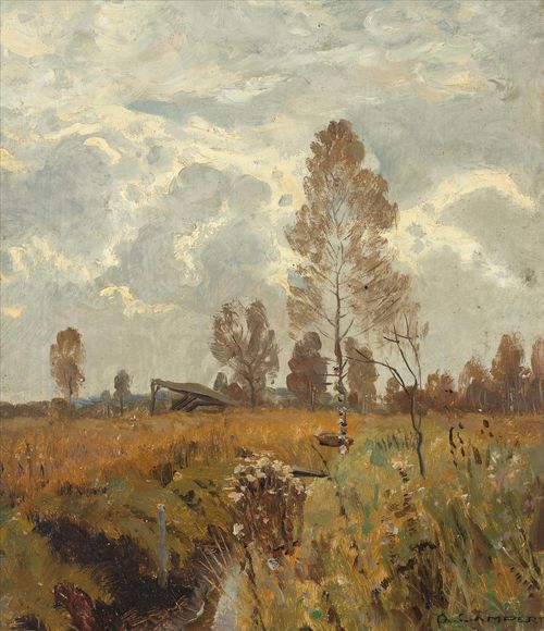 GAMPERT, OTTO (Ottenbach 1842 - 1924 Zurich) Summery landscape. Oil on panel. Signed lower right: O. GAMPERT. 33.5 x 29 cm.