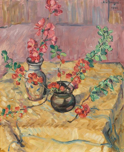 GEIGER, ERNST SAMUEL (Turgi 1876 - 1965 La Neuveville) Still life with flowers. 1941. Oil on masonite. Signed and dated upper right: E. Geiger 1941. 46 x 37.8 cm.
