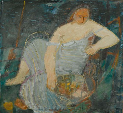 HERBST, ADOLF (Emmen 1909 - 1983 Zurich) Woman in a chair. Oil on canvas. 100 x 100 cm.