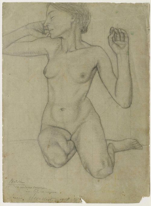 MOILLIET, LOUIS (Bern 1880 - 1962 Vevey) Woman waking up. 1906-1907. Pencil on paper. Inscribed, signed and dated lower left: Study for a wall painting in Pfullingen. Louis Moilliet 1906-07. 36 x 26.5 cm.