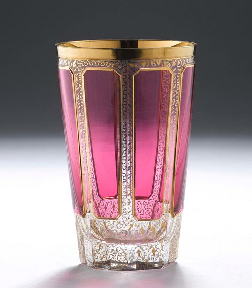 GLASS BEAKER,Bohemia, early 20th century. Conical beaker with gold rim. Decorated with gold tendrils.