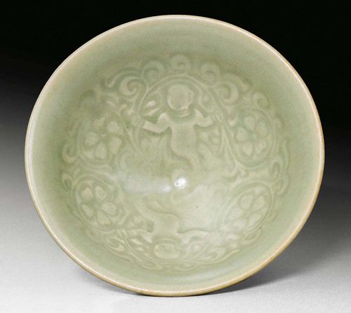 SMALL YAOZHOU DISH. China, Song-Dynasty, D 12.5 cm. With moulded decoration of children with flowers. With a matte silver-grey celadon glaze. Swiss private collection
