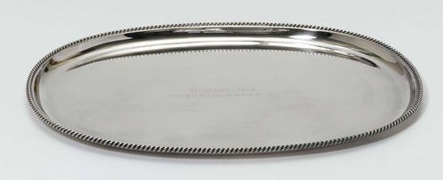 TRAY,Germany, middle of 20th century, company mark Wilkens. Oval with sculptured corded edge. Engraving in the mirror. L 43 cm, 840g.