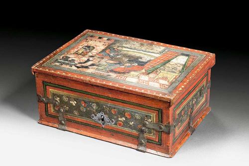BOX WITH WISMUTMALEREI,Renaissance, dated 1555, probably  Baden. Polychrome painted wooden box with medieval scene. Illegible text and year 1555. With hinged lid, iron lock and ornamental mounts. 31x22x13 cm. Very good condition