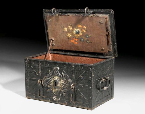 IRON STRONG BOX,early Baroque , German , 17/18th century Wrought iron with fine iron lock. The plate with later painting. 63x36x35 cm.