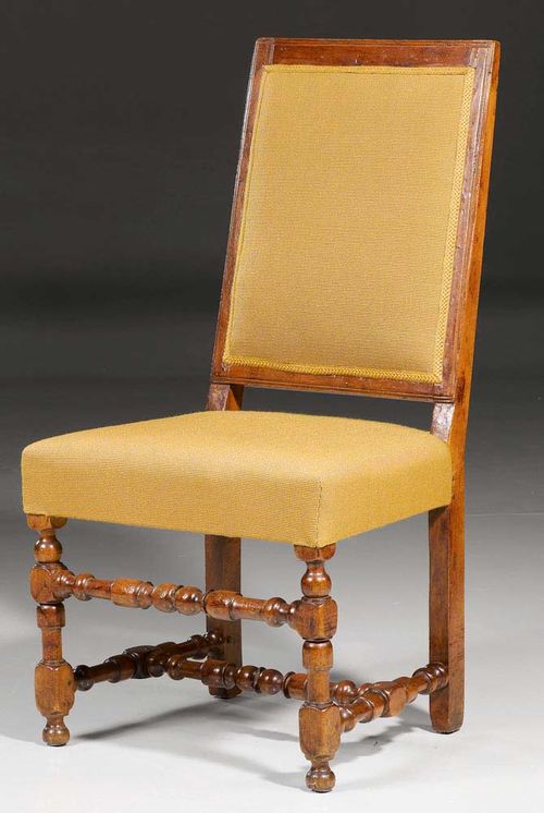 WALNUT CHAIR,Baroque, Switzerland, circa 1750. Upholstered, with yellow fabric covers. 41x44x44x89 cm.