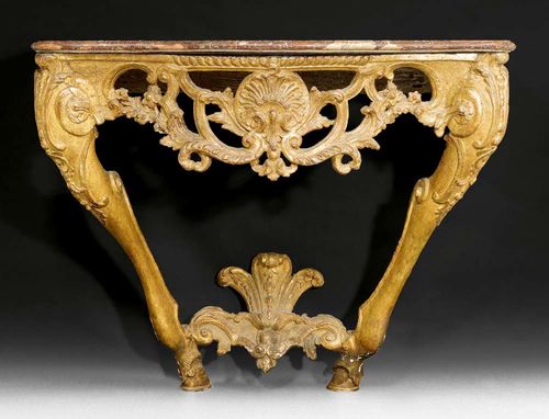 PIERCED AND CARVED GILTWOOD CONSOLE, Louis XV, German circa 1730/50. With grey/brown speckled marble top. 102x56x88 cm. Provenance: from a Paris collection.