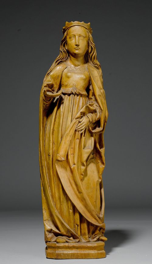 MADONNA,Southern Germany, Franconia, ca. 1500. Wood, carved and verso hollowed. The saint is wearing a crown. One hand is open (the child is missing). H 92 cm.