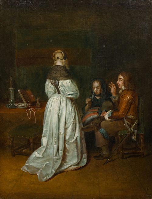 BORCH, GERARD TER (17th century copy) (Zwolle 1617 - 1681 Deventer) Interior with a man and two women. Oil on canvas. 41.5 x 32 cm.