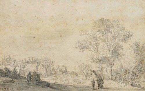 Attributed to VAN GOYEN, JAN JOSEFSZ (Leyden 1596 - 1656 The Hague), Landscape with travellers. Black chalk on laid paper. Framing line in brown pen. Monogrammed and dated on lower right: VG 163(9)?. Verso: inscribed on old label in brown pen: Jan van Goyen. 15.2 x 23.5 cm. Framed