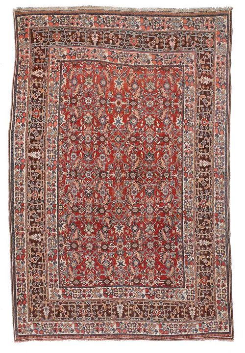 GASCHKULI antique.Red central field, patterned throughout with stylized plant motifs, triple stepped border, good condition, 220x145 cm.