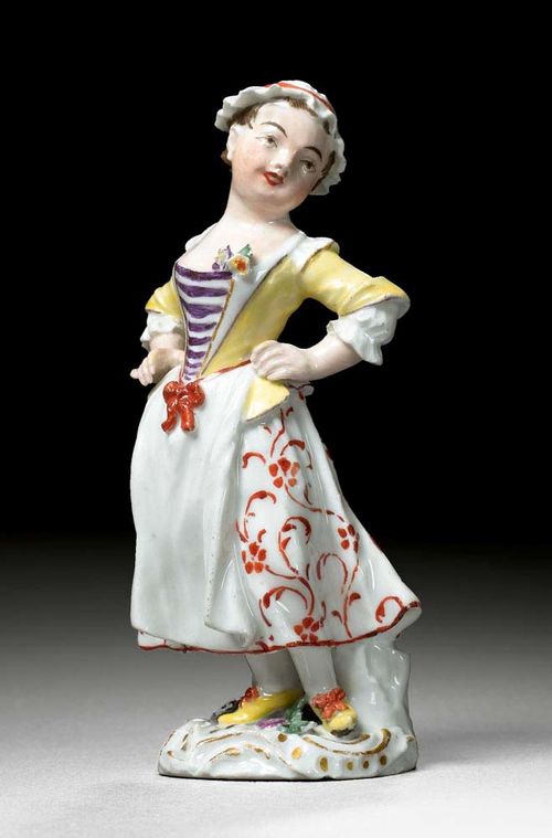GIRL DANCING, Meissen, mid 18th century. In the style of  J.J.Kändler. No mark, impressed number  24. H 12cm. Very minor chips. Provenance: from a Swiss private collection .