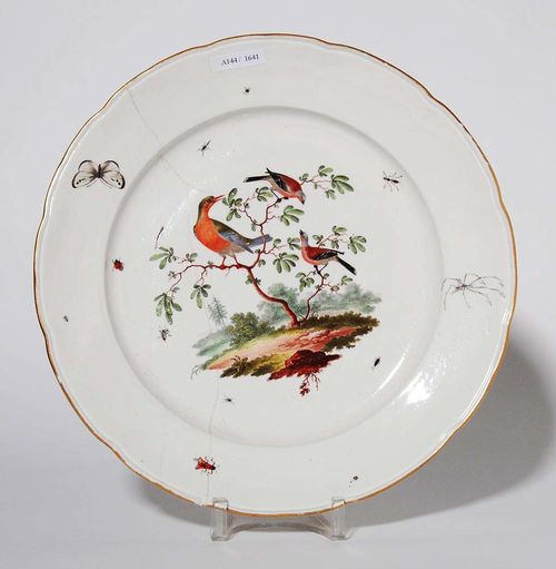 DISH WITH FINE BIRD PAINTINGS, Frankenthal, circa 1772.Painted with birds in a park landscape with scattered insects The edge gilt. Kurhut over CT Monogram and  72 in Underglaze blue , H2 incised . D 30cm. Glued. Provenance: from a Swiss private collection .
