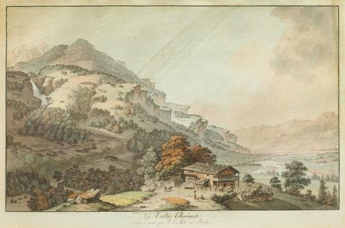 ABERLI, JOHANN LUDWIG (Winterthur 1723 - 1786 Berne).La Vallée Oberhasli dessiné et gravé par J.L.Aberli avec Privileg. Outline etching with original colours, 21.5 x 35.4 cm. Gold frame.