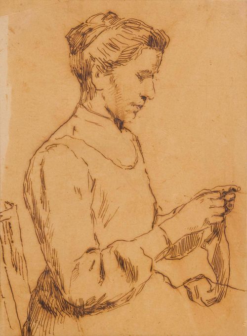ANKER, ALBERT (1831 Ins 1910) Woman knitting. Pen drawing on paper. With a confirmation verso by Elisabeth Oser, Riehen 1979. 29 x 21.5 cm (image).