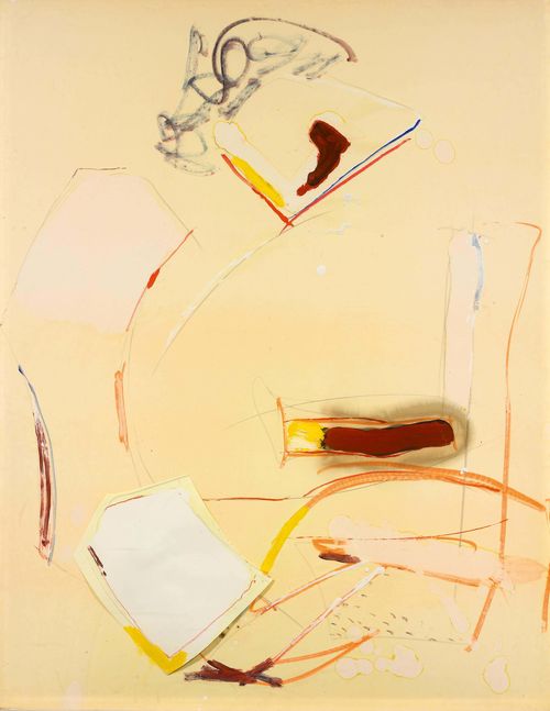 FALK, HANS (1918 Zurich 2002) Komposition Nr. 68. (Composition No. 68). 1986. Mixed media on paper. Verso signed, dated and numbered: Hans Falk. 1986. No. 68. 130 x 98 cm.