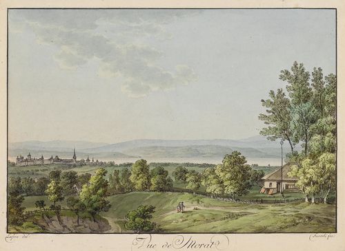 FÜSSLI, HEINRICH II (1755 Zurich 1829).After Lafon. Vue de Morat. Outline etching with original colours, 17 x 22.8 cm. The edging in black pen. Engraved title and signed in lower margin. - With inscription margin and small margin around the edging. Fresh colours. - Rare.