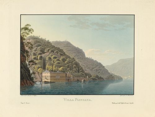 WETZEL, JOHANN JAKOB (Zurich 1781 - 1834 Richterswil).Engraved by J. Hürlimann. Villa Pliniana. Lago di Como. Aqua tint etching with original colours, 25.5 x 33 cm. Publié par Orell Füssli & Comp. à Zurich. - The corners with slight signs of wear. In very good condition.