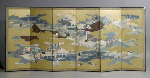 SIX-PART FOLDING SCREEN.Japan, ca. 1920, 172.5x64.5 cm (1 Panel). Ink, colours and gold on paper. Scenes from the Genji Monogatari interspersed with gold clouds. Heavily damaged.