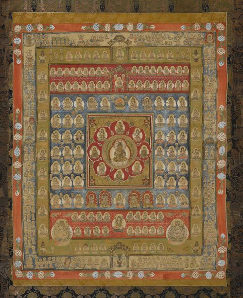 TAIZÔKAI MANDALA AS A HANGING SCROLL MOUNTED.Japan, Edo period, 81x69 cm. Printing and colours on paper. The Cosmic Womb Mandala of Esoteric Buddhism with the central Dainichi Nyorai in an eightfold lotus-shaped cartouche. Brocade mounting, brittle. Creases.