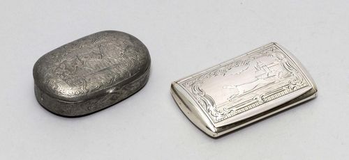 LOT OF 2 PILL BOXES, different shapes, origins and materials. One oval tin box. L ca. 6 cm. One silver box with hinged cover. Ca. 6.5 x 4 cm, 37 g.