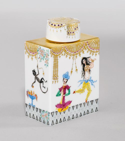 1001 NIGHTS TEA CADDY,Meissen, 1980s. Rectangular tea caddy, painted with a Near-Eastern scene depicting musicians and dancers, with a gold border. Underglaze blue sword mark. H 10.2 cm.