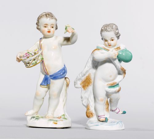 2 PUTTI AS ALLEGORIES OF SPRING AND WINTER,Meissen, ca. 1900. One putto on ice skates as an Allegory of Winter, and the other with a basket of flowers as an Allegory of Spring. Underglaze blue sword marks, model nos. A71 and A64 impressed, additional press numbers and symbol for the year. H 13 cm and 14 cm. (2)