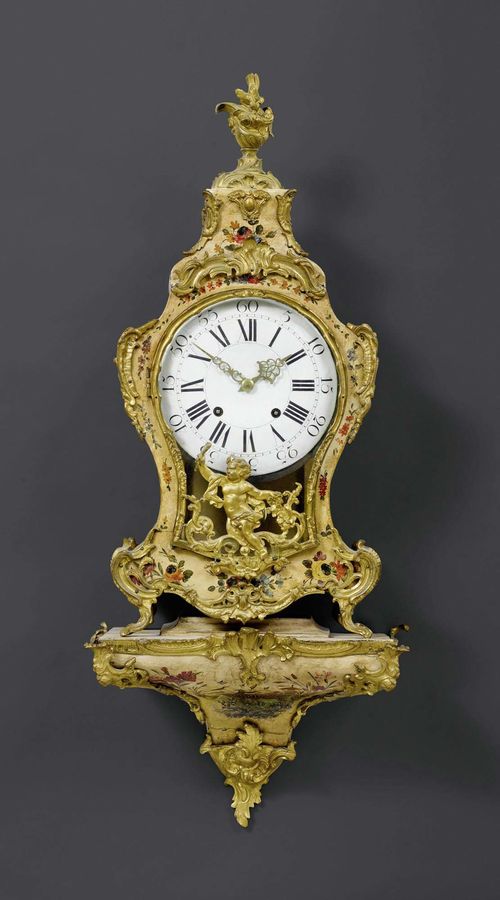 PAINTED CLOCK ON BASE, Louis XV, France ca. 1760. Wood painted with colourful flowers and a Chinese couple in a boat, and gilt bronze. Enamel dial "en cuvette". 2 large, pierced hands. Verge escapement with 4/4-strike on 2 bells. Gilt mounts and applications of putti, cartouches, bands and leaves. 42x23x108 cm. Paint restored. Requires servicing. Provenance: Private collection, Suisse romande.