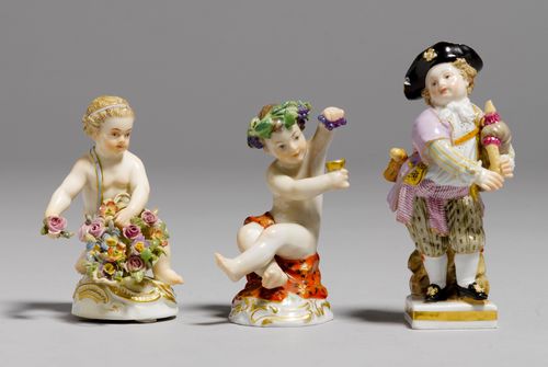 3 SMALL PUTTI FIGURES,Meissen, ca. 1900-1920. Different models: Bacchus, a flower girl, and a gentleman with bagpipes. Underglaze blue sword marks, Model Nos. incised B. 50 and G. 11, Bacchus with impressed model number 0197, various press numbers. H 9 cm, 10.5 cm. Small chips. (3)