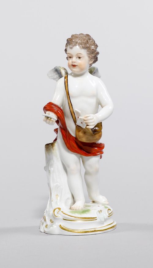 CUPID AS THE MESSENGER OF LOVE,Meissen, ca. 1900. Cupid as a mailman, holding a love letter in his right hand. Underglaze blue sword mark with pommels, model number O 115 incised, press number. H 15 cm.