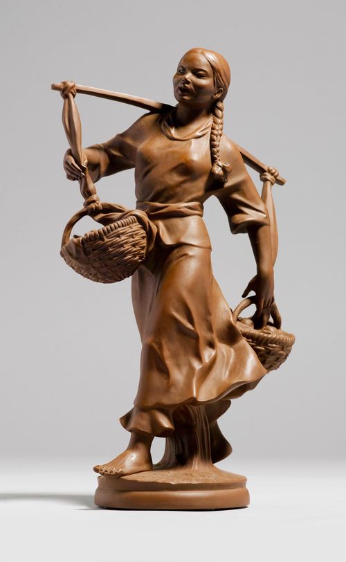 BÖTTGER STEINZEUG FIGURE OF A CHINESE WOMAN,Meissen, modern. Brown stoneware. Modelled as a Chinese woman carrying two baskets with wares. Sword mark and "Böttger Steinzeug" impressed, model number  85025 and additional number with symbol for the year impressed. H 31 cm.