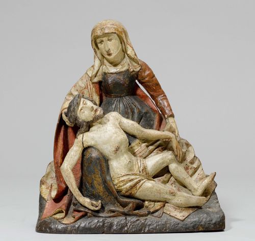 SMALL PIETÀ,late Gothic, Franconia, ca. 1480/1500. Carved wood, verso flat and painted. H 29 cm.