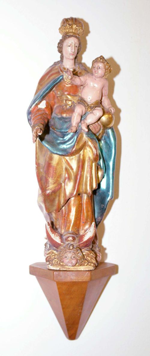 VIRGIN AND CHILD ON CRESCENT MOON, Baroque, Germany, 2nd half 17th century. Carved wood, verso flattened and with lustre glaze. H without later plinth 32 cm. Some losses.